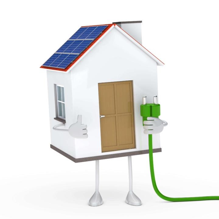 Creative picture of a house having hands and legs holding a green colored plug in its hand